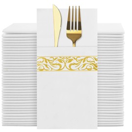 YIDUHAO Pocket Napkins,Disposble Cloth Like Napkins Built-in Flatware Pocket,Wedding Party Linen Feel White Napkin, Prefolded for Silverware,Pack of 50