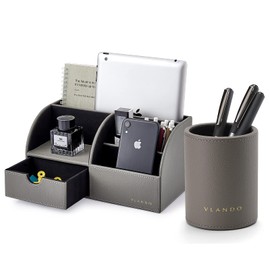 Vlando Office Supplies Desk Organizer Caddy, Desktop Hanging File Letter Document Storage Holder with Drawer Organizer Section for Office Home (Set of 1-grey)