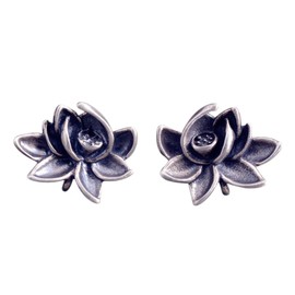 NicoWerk Women's Silver Lotus Stud Earrings Made of 925 Sterling Silver Flower Blossom Vintage Blackened Ethno SOS314