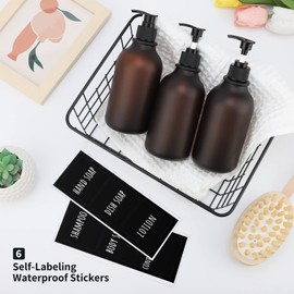 Segbeauty Soap Dispenser, Pack of 3 500 ml Shampoo Bottles for Filling, Pump Dispenser with Labels, Refillable Plastic Bottle for Kitchen, Bathroom, Soap Dispenser Brown Matt, Soap Dispenser Set