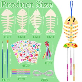 Benvo 12 Pack Wood Wind Chime Make Your Own Chimes Fishbone Ornaments Wooden Chime Kits with Gem Diamond Stickers for DIY Arts and Crafts Kids Birthday Party Gift Making Children Craft Fun(4 Designs)