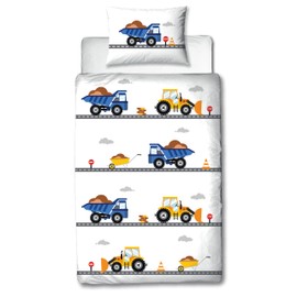 MTOnlinehandel Traumelden Digger Baby Bed Linen 135 x 100 cm Flannel/Flannelette ☆ 1 Pillowcase 40 x 60 cm + 1 Duvet Cover 100 x 135 cm ☆ Construction Site Vehicles ☆ High Quality Boys Bedding with