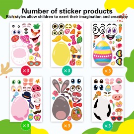 SAKAIPA 36 Pcs Easter Stickers, Make-a-face Mix and Match Stickers with Easter Animal and Egg for Kids Basket Stuffers,Crafts, Party Favors (12 Desige Total 36pcs)