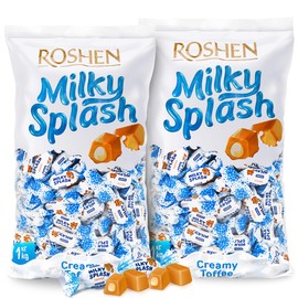 Roshen Milky Splash Toffee Candy, Creamy Toffee with Milk Filling, 2.2 Lb (1 kg) Individually Wrapped Smooth Dairy Toffee Delight, Kosher, Halal (Pack of 2)
