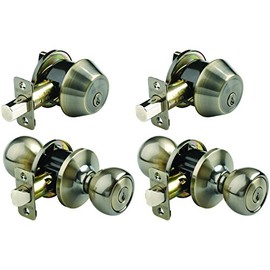 Brinks 2106-109 Ball Style Keyed Alike Entry Knob and Deadbolt (Pack of 2 with 2 Knobs, 2 Deadbolts), Antique Brass