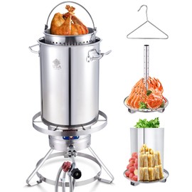 ARC 32QT Stainless Steel Turkey Fryer Pot and Burner Kit,Propane Burners for Outdoor Cooking, Tamale Steamer Pot with basket, and steamer rack. Great for Seafood boil, Crawfish Boil, Home Brewing
