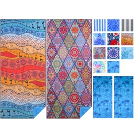 Microfiber Beach Towel Lightweight Quick Dry Sand Free Extra Large Travel Towel with Mesh Bag 80×180cm for Women Men Adults Beach Essentials Accessories Vacation Gift Desert Camel + Bohemia 2 Pack