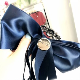 Vintage Crystal Big Bowknot Ribbon Shirt Pre-tied Bow Neck Tie Brooches Lapel Pins for Women Girls Elegant Rectangle Rhinestone Suit Collar Tie Breastpin Corsage Accessories Clothes Jewelry Wedding Party Banquet Birthday Gifts (Navy Blue)
