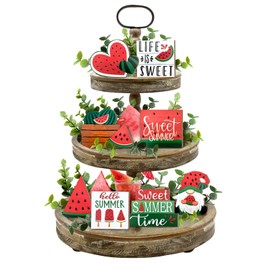 Guoofu Summer Tiered Tray Decor, Farmhouse Watermelon Tray Decorations, Hello Summer Sweet Watermelon Gnome Wooden Signs, Rustic Summer Home Decor for Table Mantel Office Holiday Party