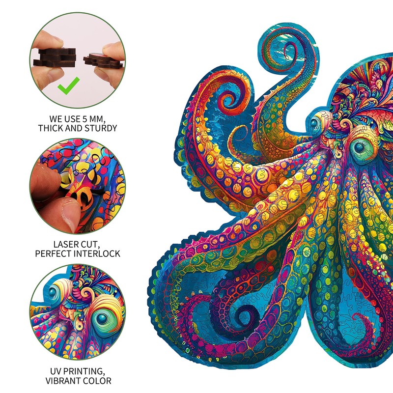 Mys Aurora Unique Wooden Jigsaw Puzzles - Agate Octopus, 300