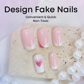 Press on Nails Medium Coffin Square French Tip Simple with White Pink Heart Design Fake Nails Full Cover Glossy Acrylic Glue on Nails Short Stick on Nails False Nails for Women 24Pcs XA-103-85