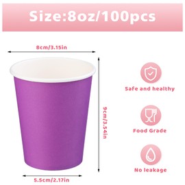 BUOKKON 100 Pack 8 oz/240ml Paper Cups, Disposable Paper Cups, 8 oz Coffee Cups for Hot and Cold Drinks, Purple Paper Cups Suitable for Parties, Offices and Outdoor Events