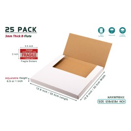 Kayritonz LP Mailers 12.8"L x 12.8"W x 1"D Corrugated Vinyl Records Shipping Boxes for Mailing Packaging Moving Storage, with Fragile Stickers, White, 25 Pack