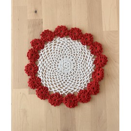 Fennco Styles Handmade Two-Tone Floral Crochet Tray Doilies, 9" Round, 2-Piece - Red Cloth Placemats for Everyday Use, Holidays, Home Décor, Cocktail Party, Tea Party, Special Occasion