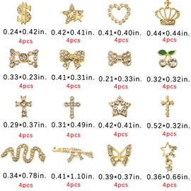 64 Pcs Gold Nail Charms and Gems Y2k Charms for Nails Design Metal Nail Jewels for Nail Art Nail Bow Cherry Butterfly Star Cross Heart Money 3D Nail Supplies