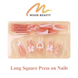 MISUD Press on Nails Long Square Fake Nails Glossy Glue on Nails White French Tip Acrylic Nails Squoval Artificial Nails Cute Bow Pearl Stick on False Nails with Ballet Swirl Design 24 pcs