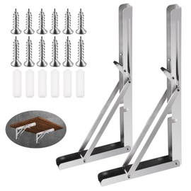 Swpeet 2 Pack 14" Folding Shelf Bracket, Heavy Duty DIY Wall Mounted Shelf Bracket Max Load 440lb, Stainless Steel Decorative L Bracket Kit Contains 16/19MM Screw, Anchors for Table Work Bench, Silver
