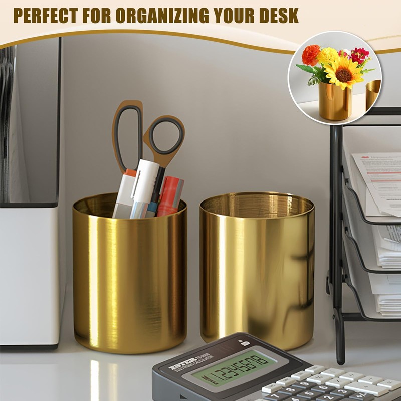 OPSJRNDUSK Gold Pen Holder for Desk, 3.9 Inch Stainless Steel
