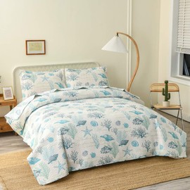 Oliven Reversible Coastal Beach Theme Quilt Set Queen/Full Size Ocean Coral Bedding Seaweed Bedspread Ocean Life Blue Green White Shell Starfish Coverlet Summer Lightweight Beach Daybed Sets