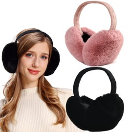 FSMILING Adjustable Winter Ear Warmers Plush Earmuffs Winter Earmuffs Ear Warmer for Women Girls 1/2 Pack, Black & Rose