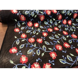 NEW CREATIONS FABRIC AND FOAM INC RED MULTI COLOR FLORAL DESIGN EMBROIDERY ON A BLACK MESH LACE-SOLD BY THE YARD.