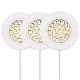 GETINLIGHT 2.6" Wide 3000K Dimmable LED Puck Lights Kit, Plug-in Installation with Recessed or Surface Mounted, White Finish Over Metal Construction, Set of 3, IN-0113-3-WH