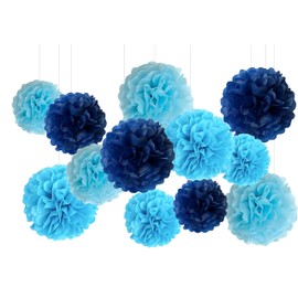 XIKSXITN 12 pc Blue Tissue Paper Pom poms in 3 Colors-Hanging Paper Pom Poms Paper Flowers Ball for Party Decorative(Navy Blue,Blue and Light Blue)