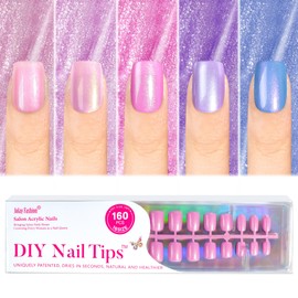 Jofay Fashion Press on Nails Short - 5 Styles Fake Nails with Pink & Blue & Purple Collection Mermaid Meal, Glossy Acrylic False Nails Reusable Full Cover Stick on Fake Nails, 16 Sizes