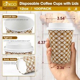Ginkgo 100 Pack Disposable Coffee Cups with Lids 12 oz, Minimalist Pattern To Go Paper Coffee Cups, Hot Chocolate CoCoa Cups Suitable for Travel, Party, Shops Cafes and Daily use
