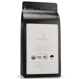 Lifeboost Coffee Half Caff Whole Bean Coffee - Low Acid Single Origin USDA Organic Coffee - Non-GMO Whole Bean Coffee Third Party Tested For Mycotoxins & Pesticides - 12 Ounces