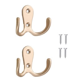 Lansonee 2 Pcs Double Prong Robe Hooks, Dual Coat Hooks Wall Mounted Hanging Clothes for Bathroom Bedroom Door Wall Retro Metal Cloth Hanger Double Coat Hooks with 4 Screws (Rose Gold)