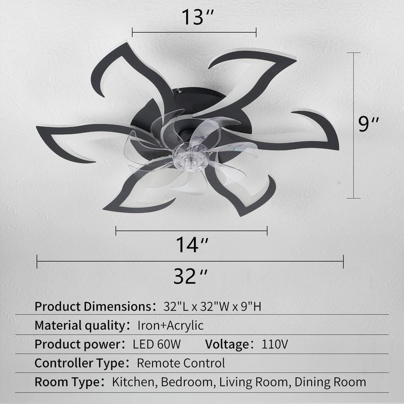 Ruibutrade Black Flower Modern Ceiling Fans with Lights, Low Profile
