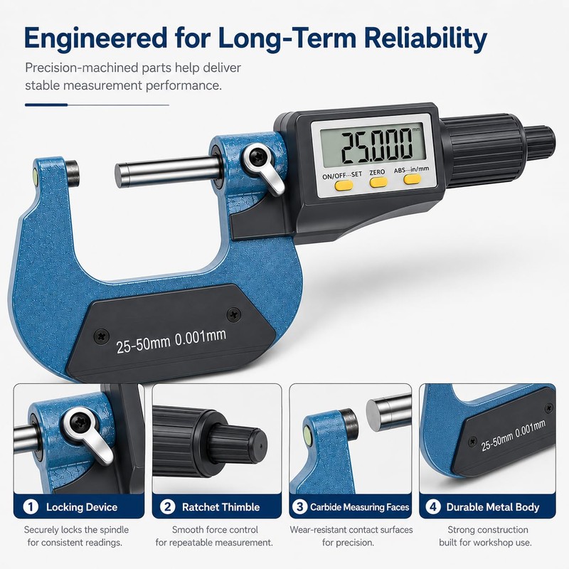 Digital Outside Micrometer, 25-50 mm/1-2 Inch LCD Micrometer