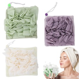 3 PCS Soap Bar Loofah, 2 in 1 Bar Soap Loofah Pouch, Washcloth Leefah Combo with Drawstring, Leefah Cloth for Body Wash Cleansing and Smooth Skin(Purple, Green, White)