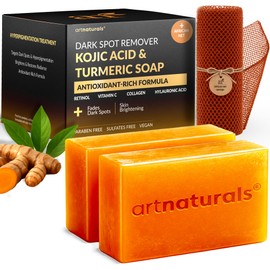 artnaturals Kojic Acid, Turmeric Dark Spot Remover Soap Bars with Vitamin C, Retinol, Collagen & Shea Butter - Original Japanese Complex Infused with Hyaluronic Acid - Includes African Net Sponge, 2 Pack