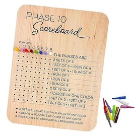 Wooden Phase 10 Score Board, Phase 10 Scoreboard Game, Phase 10 Scoreboard Round Tracker Board Card Games Night Table Score with 8 Colored Pegs,