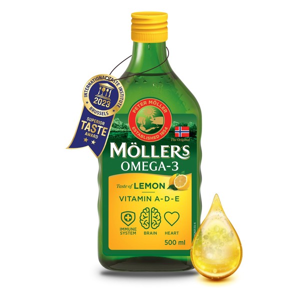 Möller's Omega 3 Cod Liver Oil | Nordic Omega 3 Dietary Supplement with EPA, DHA, Vitamin A, D, E | Superior Taste Award | High Purity Natural Cod Liver Oil | 165 Year Old Brand | Lemon | 500 ml