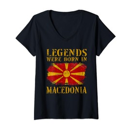 Women's Vintage Design Macedonian Flag Macedonia V-Neck T-Shirt, black