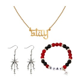 Kpop Inspired Jewelry Set – 3PCS Star Charm Earrings, Adjustable Beaded Bracelet, and Stay Pendant Necklace, Aesthetic Accessories for Fans and Gifts (KPOP1)