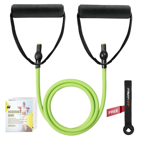RitFit Single Resistance Exercise Band with Comfortable Handles - Ideal for Physical Therapy, Strength Training, Muscle Toning - Door Anchor and Starter Guide Included (Grass Green New(8-12lbs))