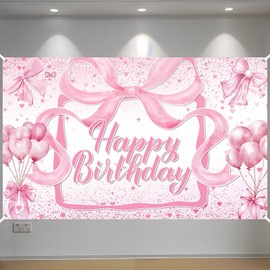 Coquette Pink Bow Happy Birthday Backdrop, Coquette Bow Pink Birthday Backdrop, Party Decorations for Girls Women, Glitter Photoshoot Banner Decoration for Bachelorette Party Baby Shower 6 x 3.6 Ft
