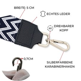 Brise Bag Strap for Men and Women, 5 cm Wide Shoulder Strap, Adjustable 80-130 cm Bag Strap Made of Polyester Fabric and Leather, Stylish Strap with 360° Rotating Head (Silver - Navy Blue), navy blue