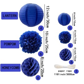 WOLHOWLTD Navy Blue Paper Decoration Set - 34 Pcs Paper Lanterns, Pompoms, Honeycomb for Wedding,Ocean Theme, EID Mubarak,School Day,Baby Shower, Birthday Party Classroom,Home Decoration (Navy Blue)