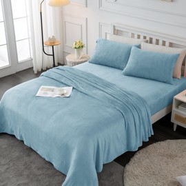 Softan Queen Micro Fleece Sheets Set, 4-Piece Queen Size Bed Sheet Set, Plush Velvet Fleece Sheet Set with 15" Deep Pocket Fitted Sheet, Flat Sheet, 2 Pillowcase, Soft and Warm, Light Blue