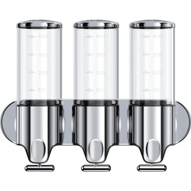 Stainless Steel Drill Free Triple Wall Mount Soap Dispenser Set Shower Bathroom Pump, 3 x 500ML Shampoo Conditioner, Adhesive Reusable Luxury Organizer Declutter Spring Cleaning Gift Idea Fathers Day