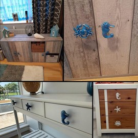 Primst Beach Ocean Theme Cast Iron Drawer Knobs, Sea Horse Starfish Crab and Seashell Cabinet Handle Pulls for Drawer, Door, Dresser, Cupboard, Pack of 4 (Blue)