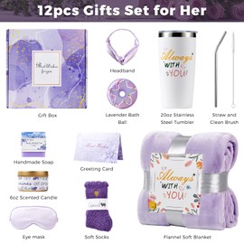 Birthday Gifts for Women, Get Well Gifts for Women Gift Basket, Retirement Gift for Women with Luxury Flannel Blanket, Teacher Appreciation Gifts for Women Mom Wife Girlfriend Friends Sis-Purple