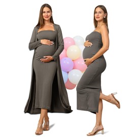 Rnxrbb 2 Piece Maternity Dress Cardigan Baby Shower Wedding Guest Summer Maxi Photoshoot Tube Maternity Dresses Bodycon Long, Deep Gray, Large