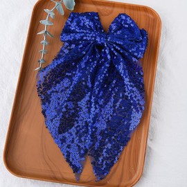 Big Navy Blue Glitter Hair Bow Clip for Women Girls Sequin Hair Accessories for Girls Teenagers Bowknot Hair Clips for Party Prom Bow Barrette Clips Y2k Cute Bowknot Hairpin with Long Tail