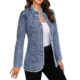 LifeShe Women's Denim Jacket Plus Size Double Breasted Button Raw Trim Jean Jackets Coat